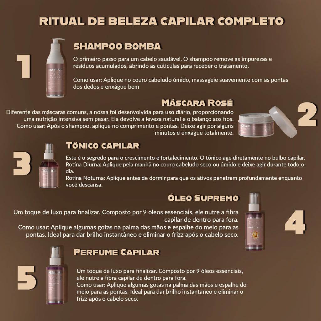 Kit Rosé, Shampoo, Máscara, Serum, Perfume e Óleo Supremo