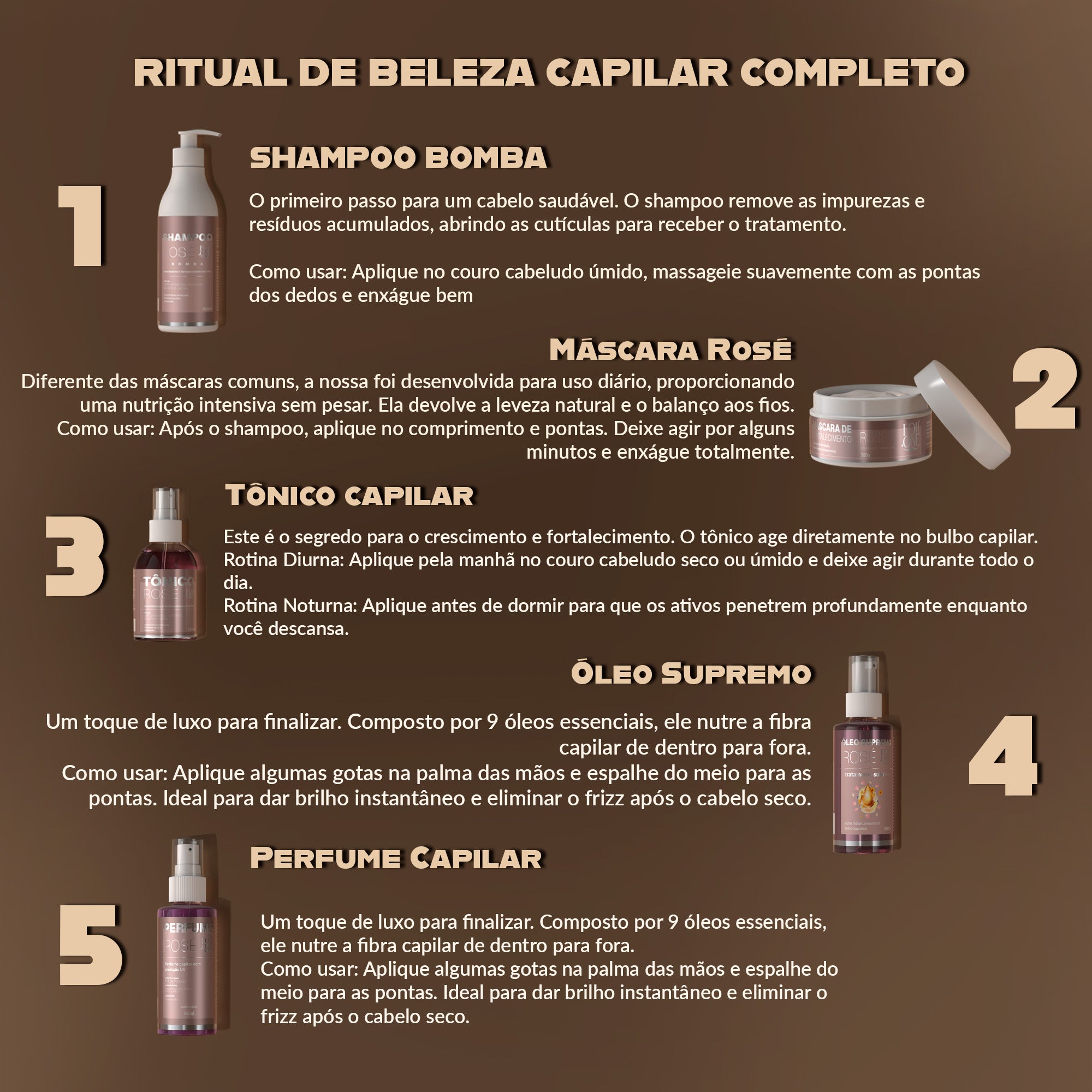 Kit Rosé, Shampoo, Máscara, Serum, Perfume e Óleo Supremo