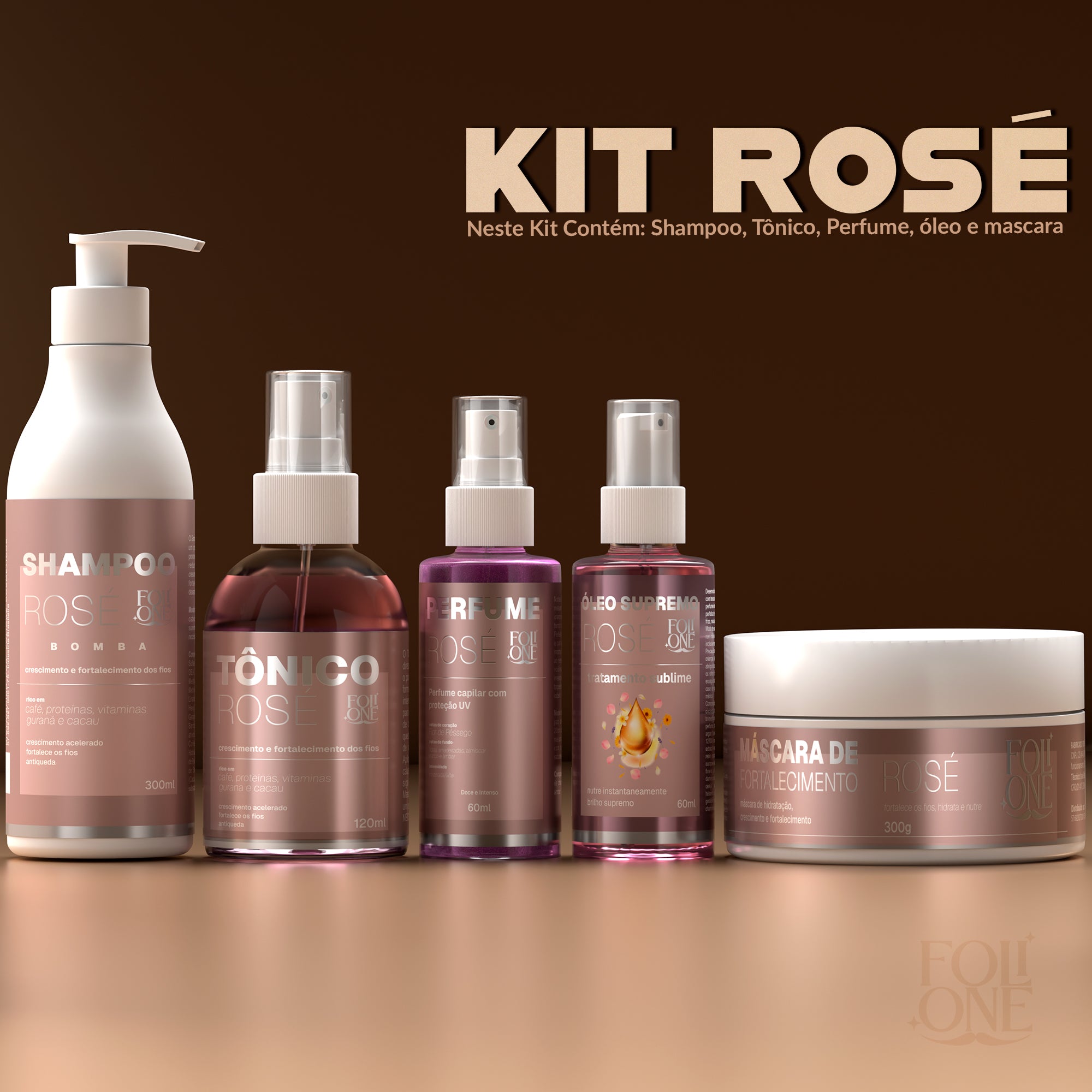Kit Rosé, Shampoo, Máscara, Serum, Perfume e Óleo Supremo